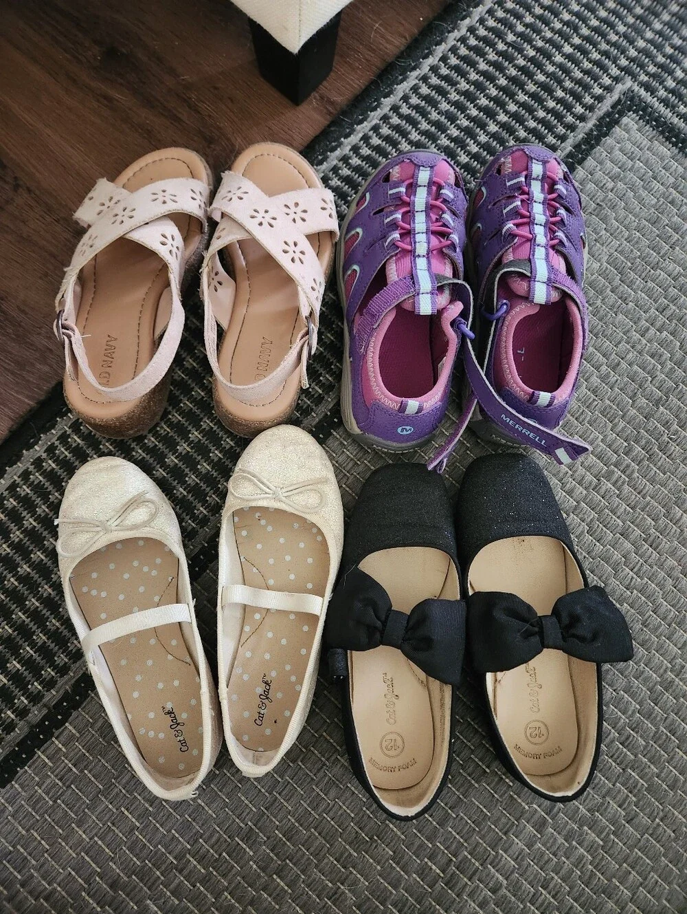 4 Pairs Of Girl's Shoes. Old Navy Sandals, 2 Flats, Merrell Water Shoes Sz 12